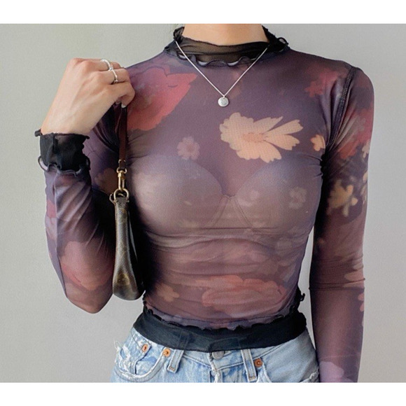 Urban Outfitters Mesh Sheer Lace Layering Top Shirt Fitted Large Stretchy Fall - Picture 4 of 9